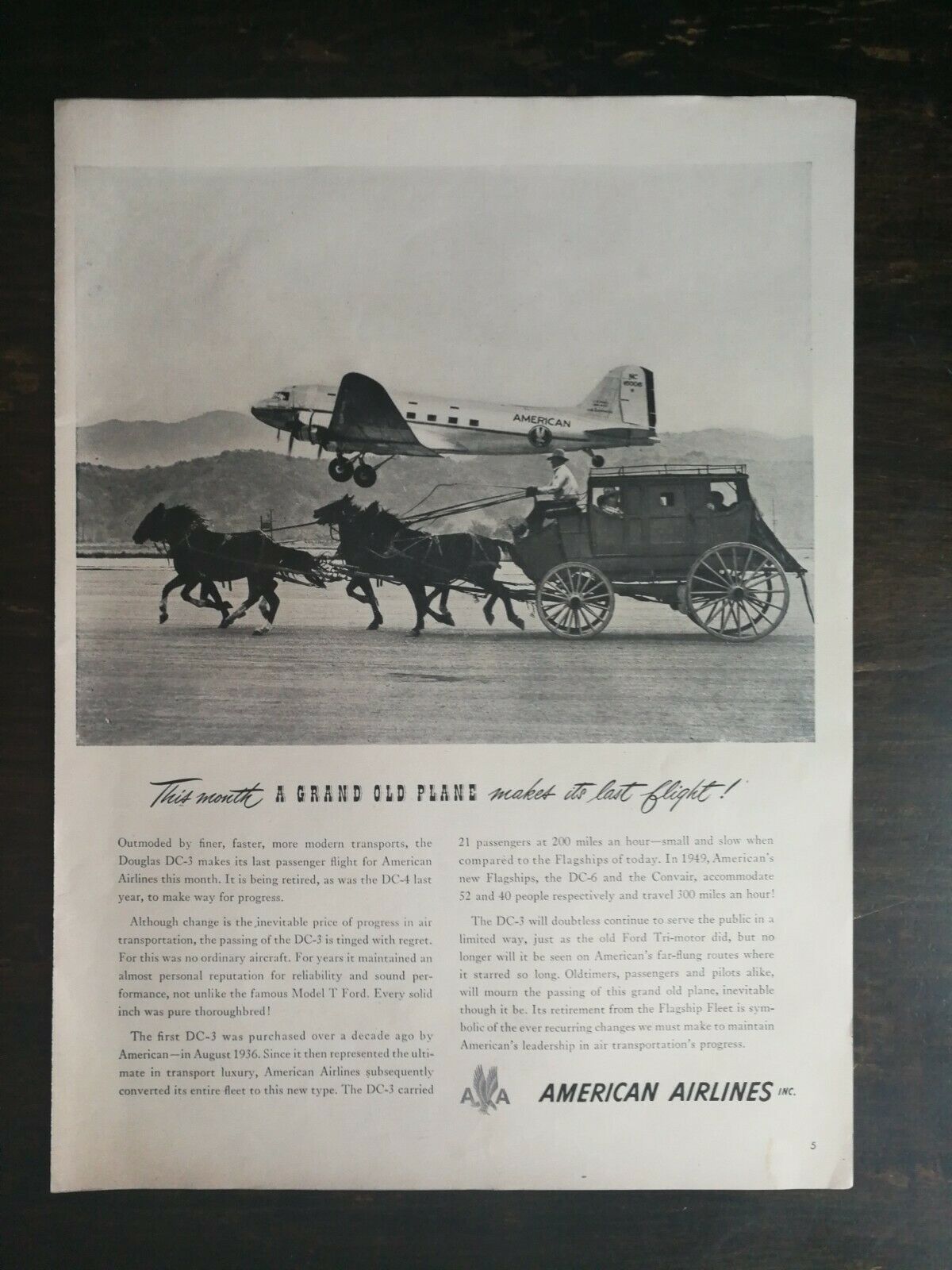 Primary image for Vintage 1949 American Airlines Stage Coach Full Page Original Ad 1221