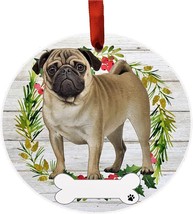 Pug Dog Wreath Ornament Personalizable Christmas Tree Holiday Decoration - £11.33 GBP