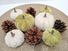 Thanksgiving Fall Green Velvet Gourd Pumpkin Bowl Fillers Wreath Tableto... - $16.99