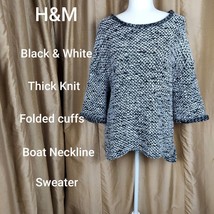 H&amp;M Black And White Thick Knit  Boat Neckline Folded Cuff Sweater Size M - £9.40 GBP