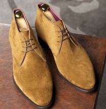 Men&#39;s Suede Leather Camel Color Handcrafted Chukka Lace Up Party Wear Stylish Bo - £119.87 GBP