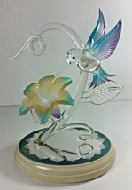 Glass Baron Hummingbird with Flower Art 8in Figurine Mirror Base Blue Branch - £59.94 GBP