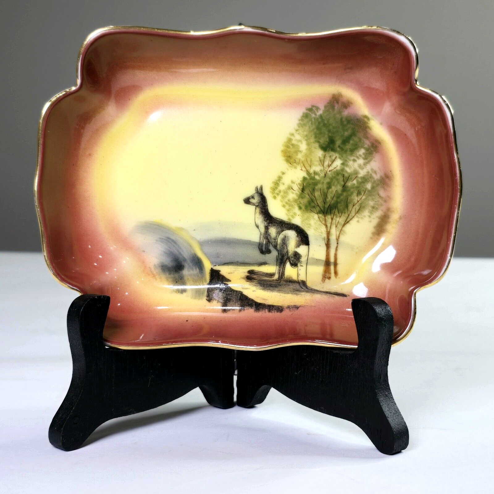 Noritake Hand Painted Lake Scene Kangaroo Pin Candy Dish Yellow Burgundy... - $30.00