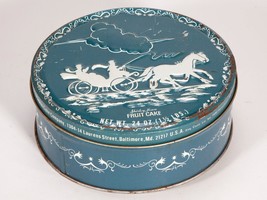 Vintage Blue White Round Metal Tin - Currier and Ives Styled Winter Sleigh Ride - £11.21 GBP