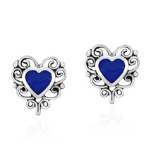 Elegant Simulated Blue Lapis Heart on Sterling Silver Filigree Stud Earrings - £14.55 GBP