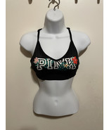 Victoria Secret PINK Sports Bra Small Black Floral Spell Out Logo Adjust... - $9.89