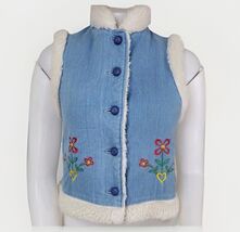 Vtg Faux Fur Denim Vest Girls Sz 14 Large Embroidered Hippie  Gilet Sear... - $24.94