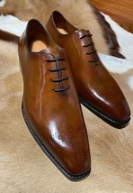 Handmade Men&#39;s Brown Leather Oxford Whole Cut Chiseled Toe Lace up Dress Shoes - $128.69