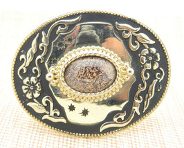 Pink Purple Brown Rhodonite Stone Black Gold Tone Oval Belt Buckle Vintage - £30.30 GBP