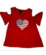 It&#39;s Our Time Red Top USA Cold Shoulders Size 14 Reversible Sequins Hear... - £11.41 GBP