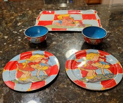 Vintage Ohio Art Tin Child&#39;s Tea Lot 5 Pieces 1940s Tray Cups Plates Lot - £35.26 GBP