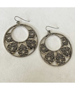 Scroll Earrings Double Hoop Ornate Textured Silver Tone Metal Pierced Vi... - $40.85 CAD