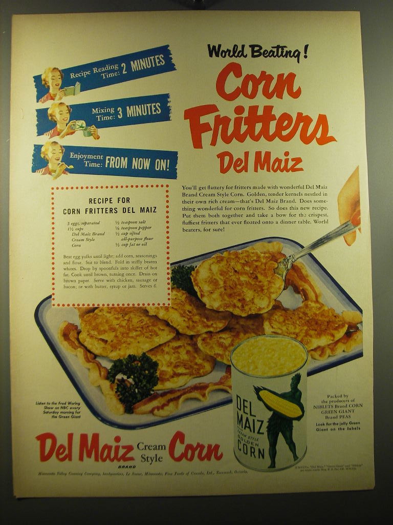 1950 Green Giant Del Maiz Cream Style Corn Ad - recipe for Corn Fritters Del Mai - $18.49