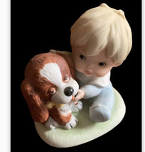 Homco Vintage Figurine Toddler Baby Boy &amp; Puppy Dog #1424 Porcelain Bisq... - £8.69 GBP