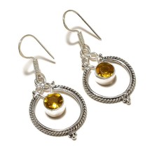 Faceted Citrine Round Gemstone 925 Silver Overlay Handmade Dangle Drop Earrings - £7.98 GBP