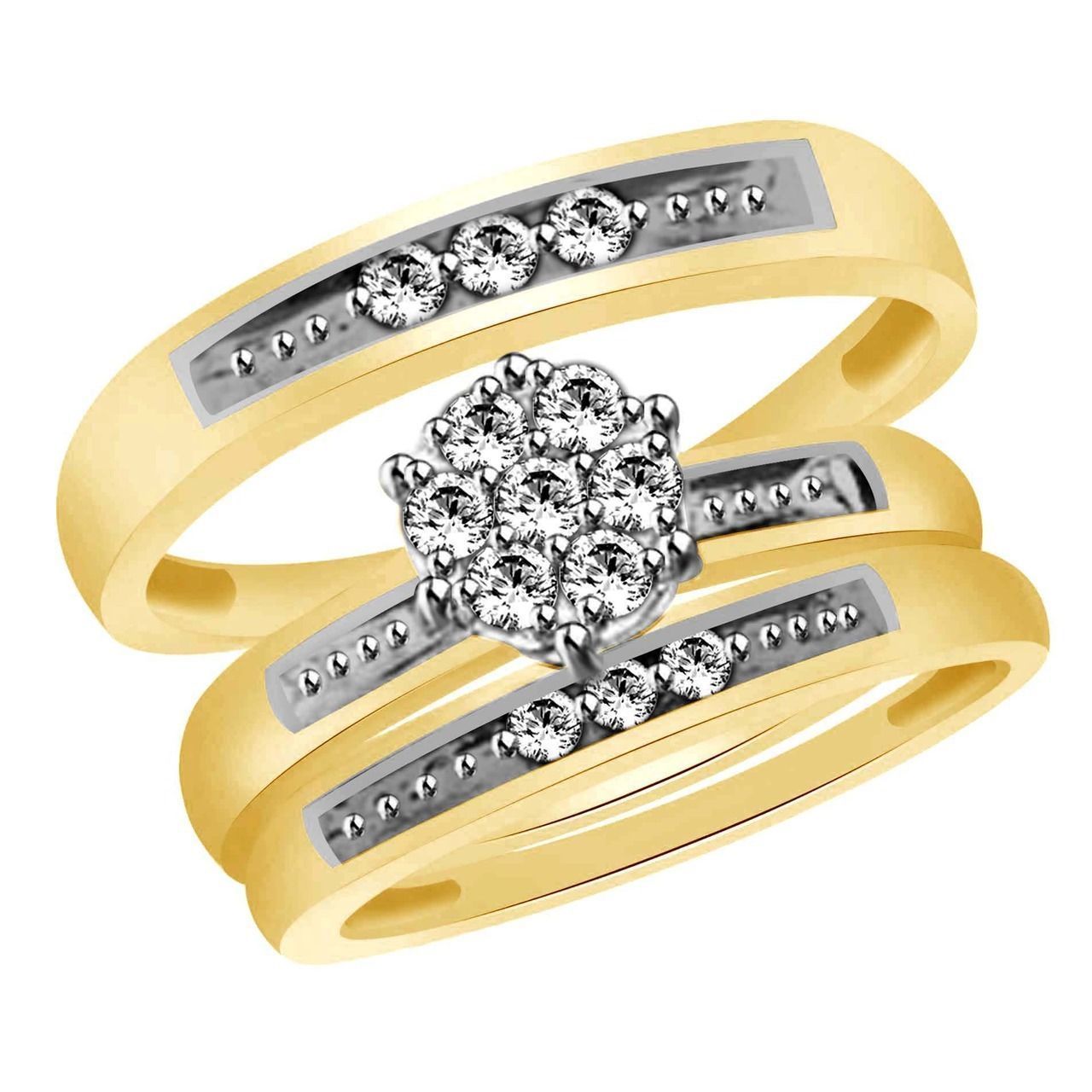 10K Yellow GP 925 Silver Men's Women's Diamond Trio Engagement Wedding Ring Set - $132.61