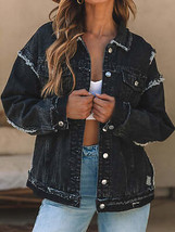 Button Up Raw Hem Distressed Denim Jacket - £53.08 GBP