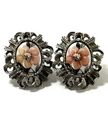 Vintage Screwback Earrings Silver Tone With Pink Floral Cabachon - $27.54 CAD