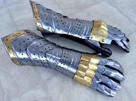 Gauntlet gloves armor pair w/ brass accents medieval knight crusader steel - $85.88