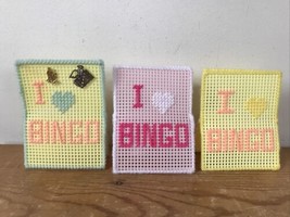 Set Lot 3 Vtg Yellow Purple Embroidered Loom Good Luck I Love Bingo Signs Pins - £15.94 GBP