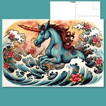  Whimsical Waters: Unicorn Riding a Wave with Blooming Flowers Postcard - £4.75 GBP