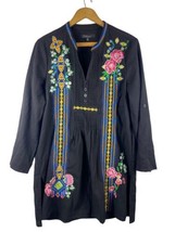 Caleoas Tunic Top Pullover Cover Up Small Black Linen Embroidered Floral Boho - £37.12 GBP