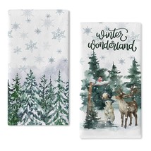 Snowy Winter Wonderland Pine Tree Snowflake Kitchen Dish Towel, Watercolor Reind - £15.91 GBP