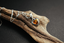 Silver heart pendant with Baltic amber. Natural cognac amber. Sterling silver. - £29.57 GBP