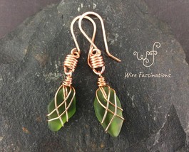 Handmade emerald green sea glass earrings criss cross copper wire wrapped - $29.00