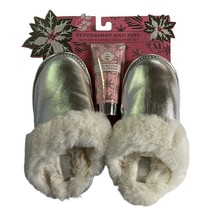 Peppermint And Pine Womens Slipper Lotion Gift Set M 7/8 Silver Faux Fur Lined - $14.45