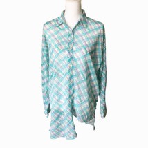 NY &amp; CO Women&#39;s M Semi Sheer Button Up Shirt Long Sleeve Plaid Asymmetrical Hem - £10.27 GBP