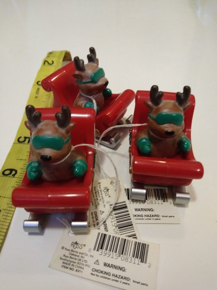 NEW with Tags - 3 Vintage Russ Berrie Christmas Ornaments Reindeer in Sleigh - $5.89