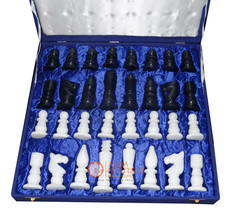 King Size 3&quot; Marble Chess Pieces With Blue Velvet Box Handmade Chess Lovers - £185.55 GBP