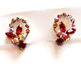 Vintage Austrian Crystal Aurora Borealis Rhinestone Clip On Earrings Reds Pinks - £31.30 GBP