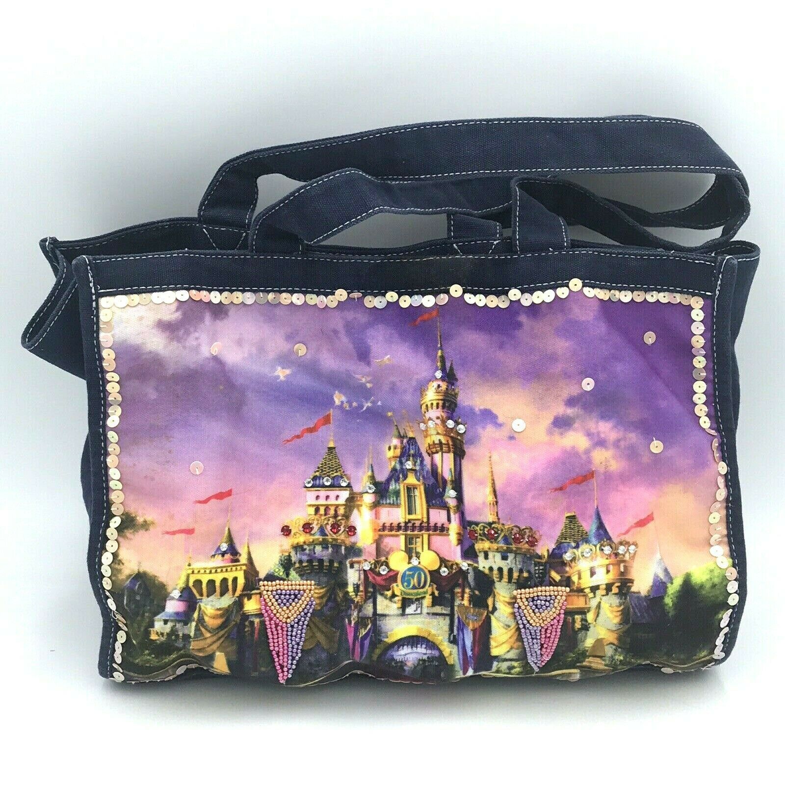 Disneyland 50th Anniversary Beaded Sequin Tote Bag Blue Canvas 2005 14" Strap - $19.99