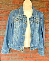 Denim Jacket Size 6P Blue Jean Trucker Coat Six Pockets Long Sleeve Cott... - £23.85 GBP