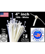 100 White 4&quot; inch Wire Cable Zip Ties Nylon Tie Wraps 18lb USA Made Tige... - £5.59 GBP