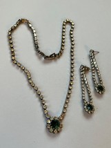 Demi Tiny Clear Rhinestone w Green Center Flower Pendant &amp; Long Dangle Earrings - £18.62 GBP