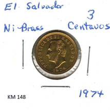 El Salvador 3 Centavos, 1974, Nickel-Brass, KM 148 - £1.69 GBP