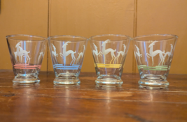 Vtg Hazel Atlas Gazelle Deer Shot Glasses Set Of 8 Mcm Deco Pink Blue Yellow Grn - £37.16 GBP