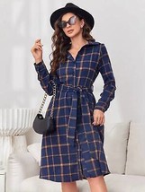 Plaid Tie Waist Long Sleeve Dress - £25.20 GBP