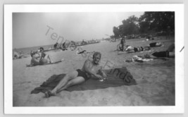 Man In A Swimsuit Lying On The Beach Photo 1940-50s Black And White - £16.31 GBP
