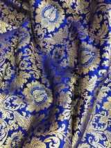Indian Banarasi Brocade Fabric Royal Blue &amp; Gold Fabric Gown Dress Fabric -NF903 - £5.96 GBP+