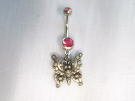 ENGRAVED EJC PEWTER BUTTERFLY DANGLING CHARM 14g HOT PINK CZ BELLY RING ... - £6.40 GBP