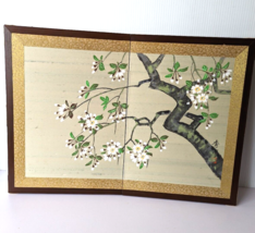 Vintage Japanese Silk Blossom Oil Painting Signed Original Folding Bamboo Frame - £217.97 GBP