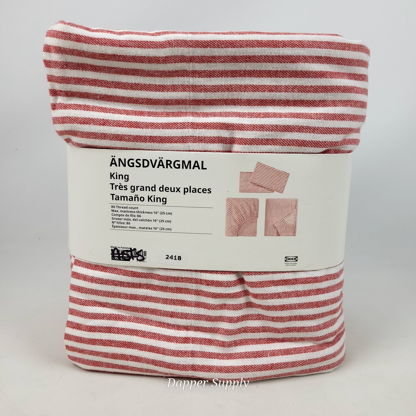 Ikea Angsdvargmal King Sheet Set Red White Strip Cotton New 505.907.36 - $44.54