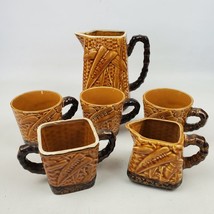 Vintage Bamboo Design Coffee Set 3 Cups Cream Sugar Pot Jug 6 Pcs - £18.19 GBP