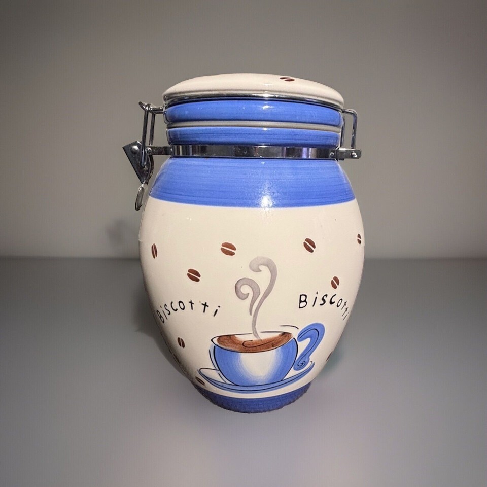 Nice Inspirado Blue & White Biscotti Cookie Jar - Italian, Coffee Beans Item image 3