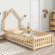 Twin House-Shaped Headboard Floor Bed with Fence,White - $275.54