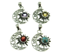 Solid 925 Sterling Silver Crescent Moon &amp; Sun Pendant w/ Choice of Gemstone - £24.27 GBP